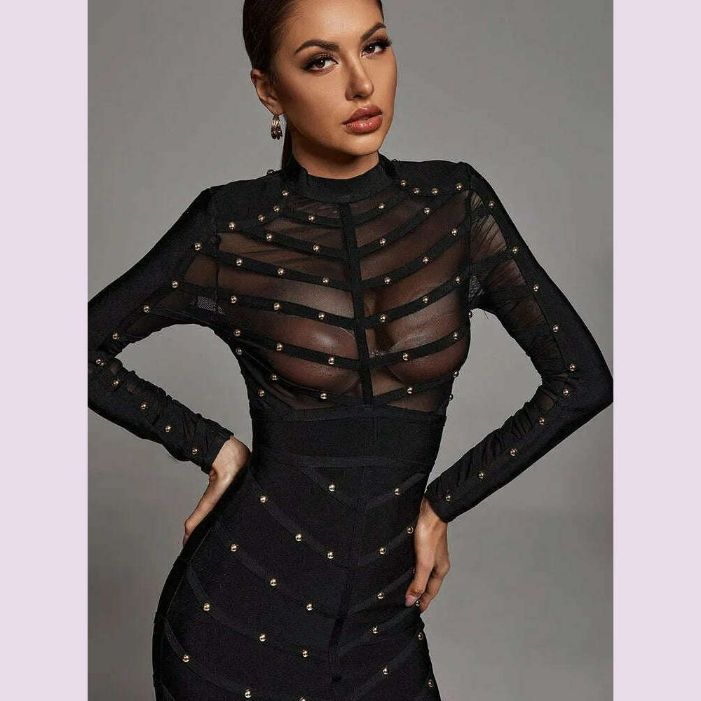 KIMLUD, Black Sexy See Through Rivet Bandage Dresses Women 2023 Mesh Long Sleeve Stripe Waist Party Dress Elegant Bodycon Outfit BA046, KIMLUD Womens Clothes