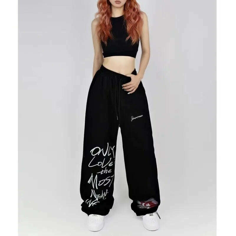 KIMLUD, Black White Drawstring Design Sweatpants Women High Street Hip-hop Wide Leg Pants Women New Summer All-match Long Trousers, black / M, KIMLUD APPAREL - Womens Clothes