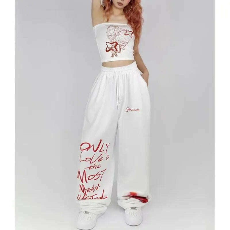 KIMLUD, Black White Drawstring Design Sweatpants Women High Street Hip-hop Wide Leg Pants Women New Summer All-match Long Trousers, WHITE / XXL, KIMLUD APPAREL - Womens Clothes