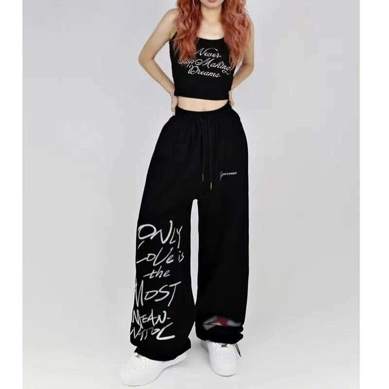 KIMLUD, Black White Drawstring Design Sweatpants Women High Street Hip-hop Wide Leg Pants Women New Summer All-match Long Trousers, KIMLUD Womens Clothes