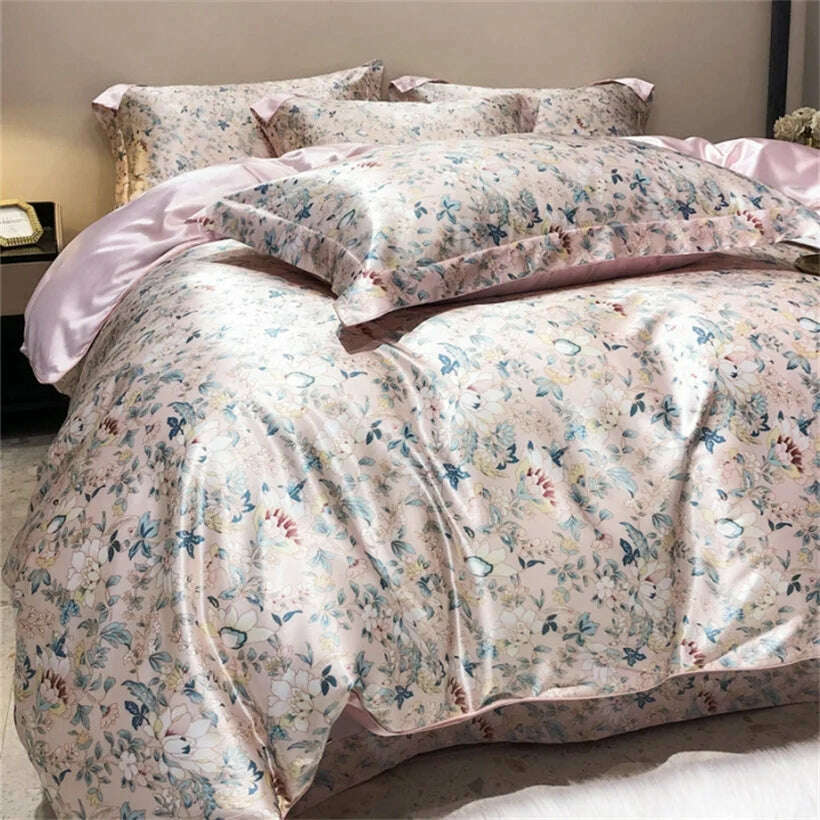 KIMLUD, Blend Mulberry Silk 4 Pieces Bedding Set, 1PC Duvet Cover, 1PC Bed Sheet, 2PCS Pillowcases, Luxury Home Textiles Bedclothes, KIMLUD Womens Clothes