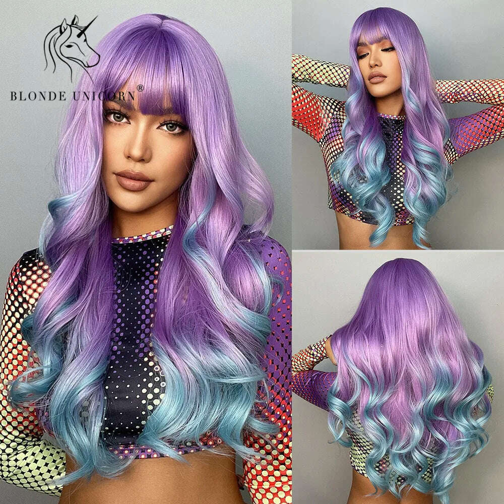 Blonde Unicorn Synthetic Long Wavy Wig Ombre Purple to Blue For WOMEN Cosplay halloween Wigs Heat Resistant Fiber Bangs Hair - KIMLUD