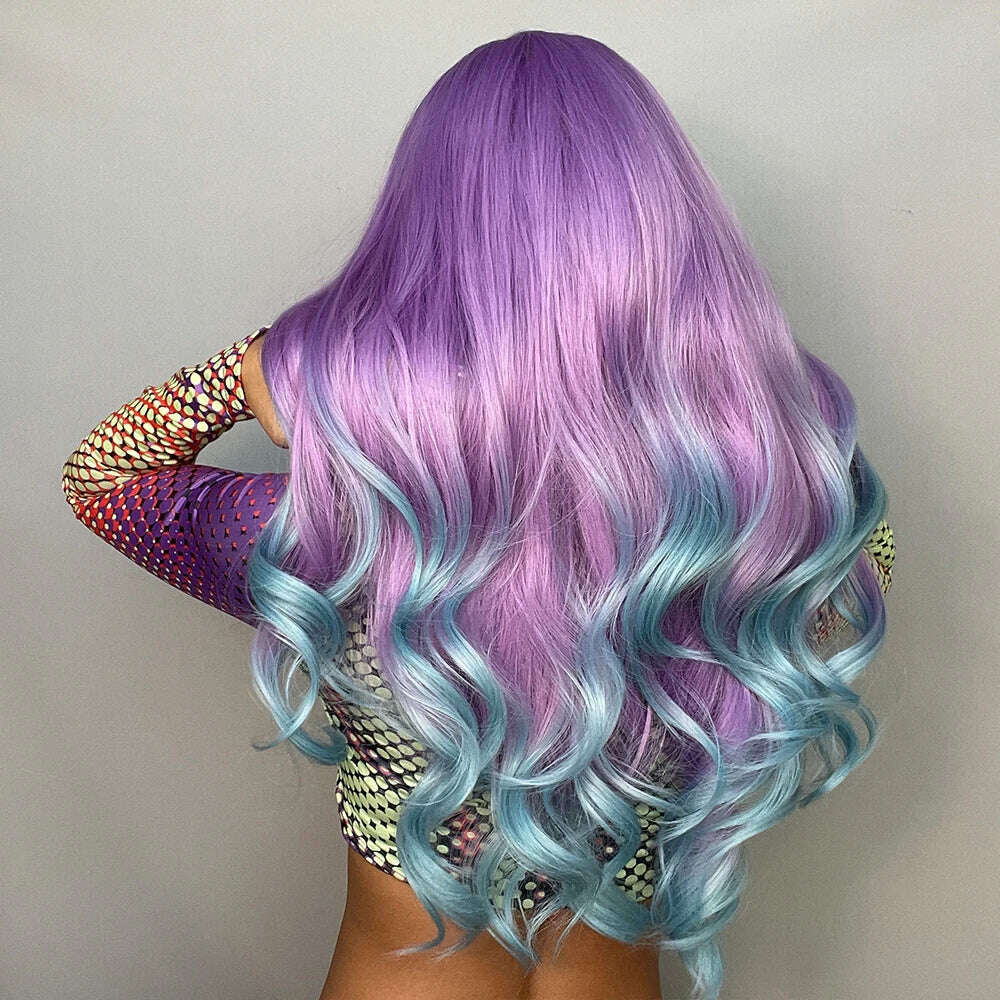 KIMLUD, Blonde Unicorn Synthetic Long Wavy Wig Ombre Purple to Blue For WOMEN Cosplay halloween Wigs Heat Resistant Fiber Bangs Hair, KIMLUD Womens Clothes