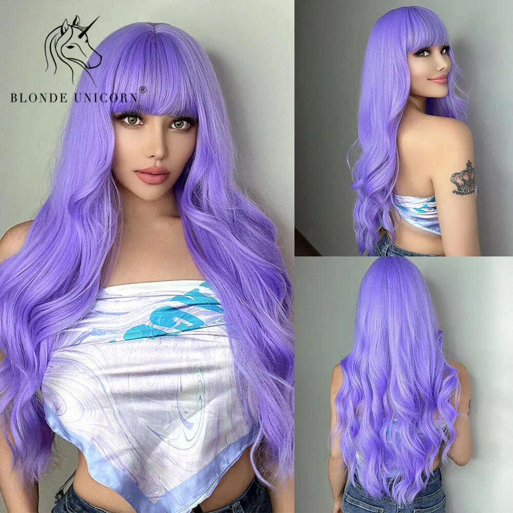 KIMLUD, Blonde Unicorn Synthetic Long Wavy Wig Ombre Purple to Blue For WOMEN Cosplay halloween Wigs Heat Resistant Fiber Bangs Hair, LC6123-1, KIMLUD Womens Clothes