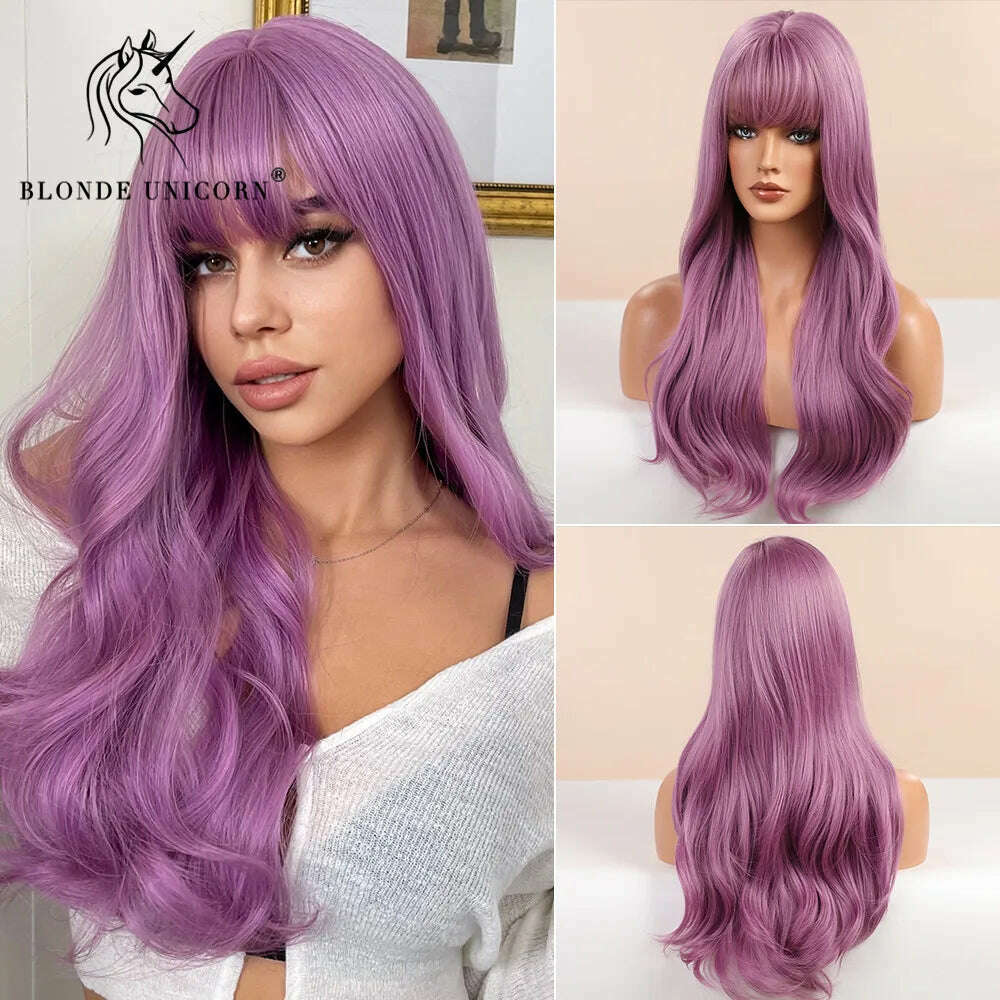 KIMLUD, Blonde Unicorn Synthetic Long Wavy Wig Ombre Purple to Blue For WOMEN Cosplay halloween Wigs Heat Resistant Fiber Bangs Hair, LC6126-1, KIMLUD Womens Clothes