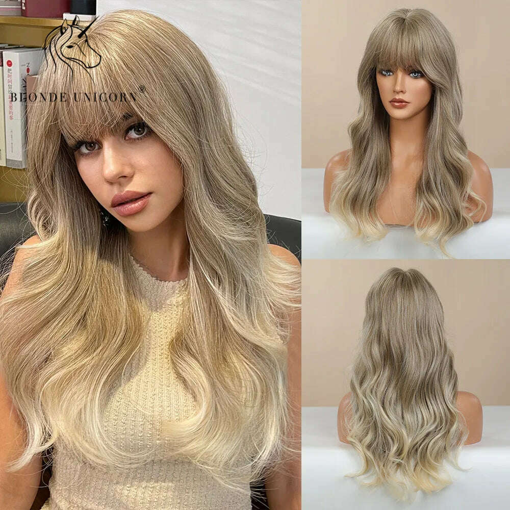 KIMLUD, Blonde Unicorn Synthetic Long Wavy Wig Ombre Purple to Blue For WOMEN Cosplay halloween Wigs Heat Resistant Fiber Bangs Hair, LC226-1, KIMLUD Womens Clothes