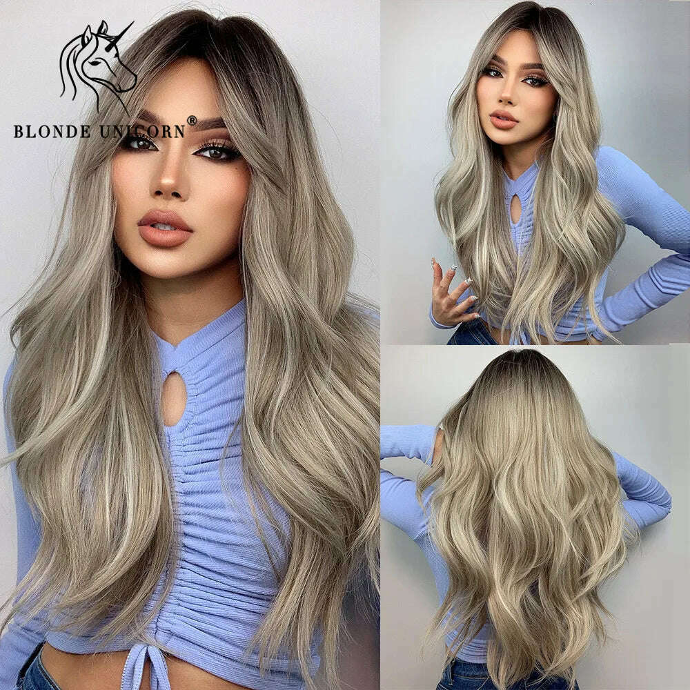 KIMLUD, Blonde Unicorn Synthetic Long Wavy Wig Ombre Purple to Blue For WOMEN Cosplay halloween Wigs Heat Resistant Fiber Bangs Hair, LC457-1, KIMLUD Womens Clothes