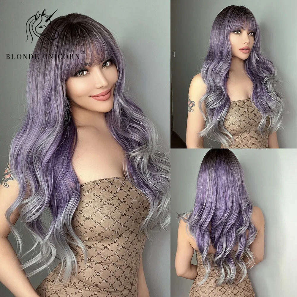 KIMLUD, Blonde Unicorn Synthetic Long Wavy Wig Ombre Purple to Blue For WOMEN Cosplay halloween Wigs Heat Resistant Fiber Bangs Hair, LC6163-1, KIMLUD Womens Clothes