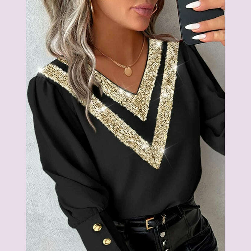 KIMLUD, blouse for Women 2023 Autumn Winter Sexy V Neck Tops Pullover Ladies Long Sleeve Contrast Sequin Buttoned Casual Loose Shirt, KIMLUD Womens Clothes