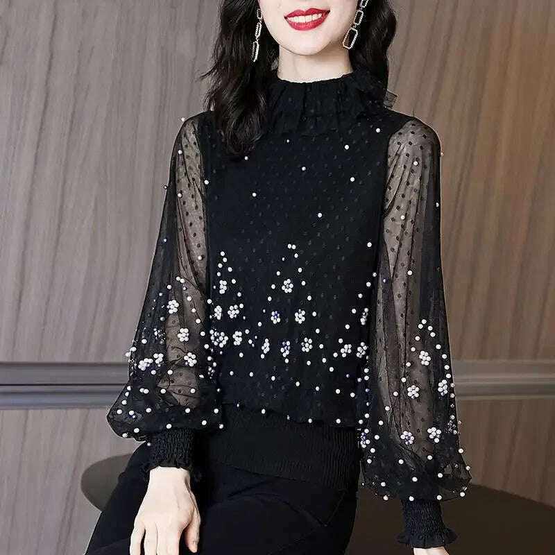 Blouse Women Chiffon Shirt Loose Women's Clothing Bead Long Sleeve T-shirt Women's Top Blusas Mujer De Moda - KIMLUD