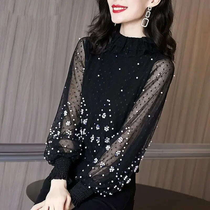 Blouse Women Chiffon Shirt Loose Women's Clothing Bead Long Sleeve T-shirt Women's Top Blusas Mujer De Moda - KIMLUD