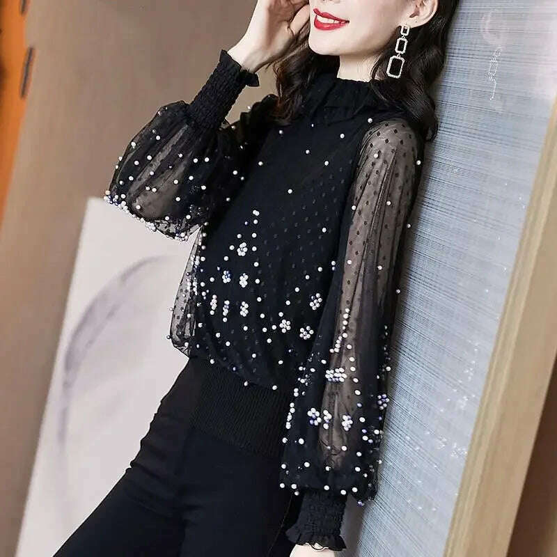 Blouse Women Chiffon Shirt Loose Women's Clothing Bead Long Sleeve T-shirt Women's Top Blusas Mujer De Moda - KIMLUD