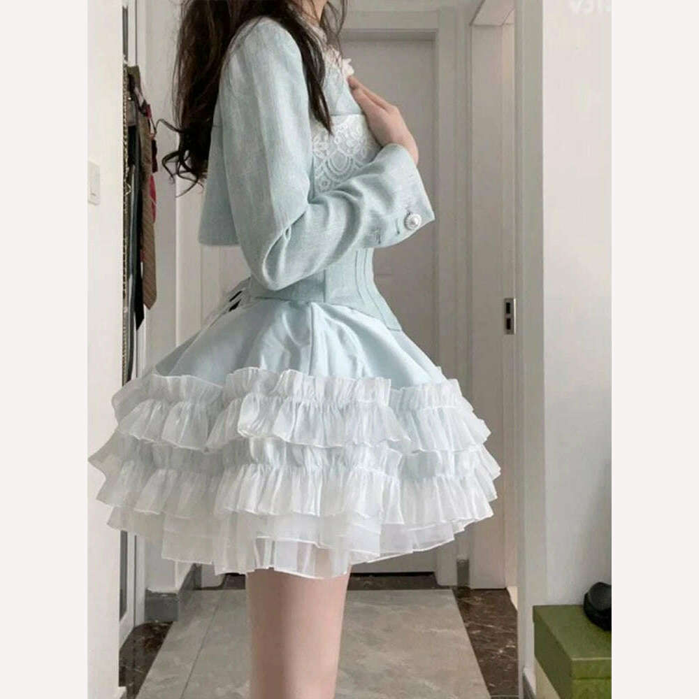 KIMLUD, Blue Sweet Kawaii Two Piece Set Women Summer Sexy Elegant Party Mini Dress Suits Female Lolita Cute Dress + Long Sleeve Coat New, KIMLUD Womens Clothes