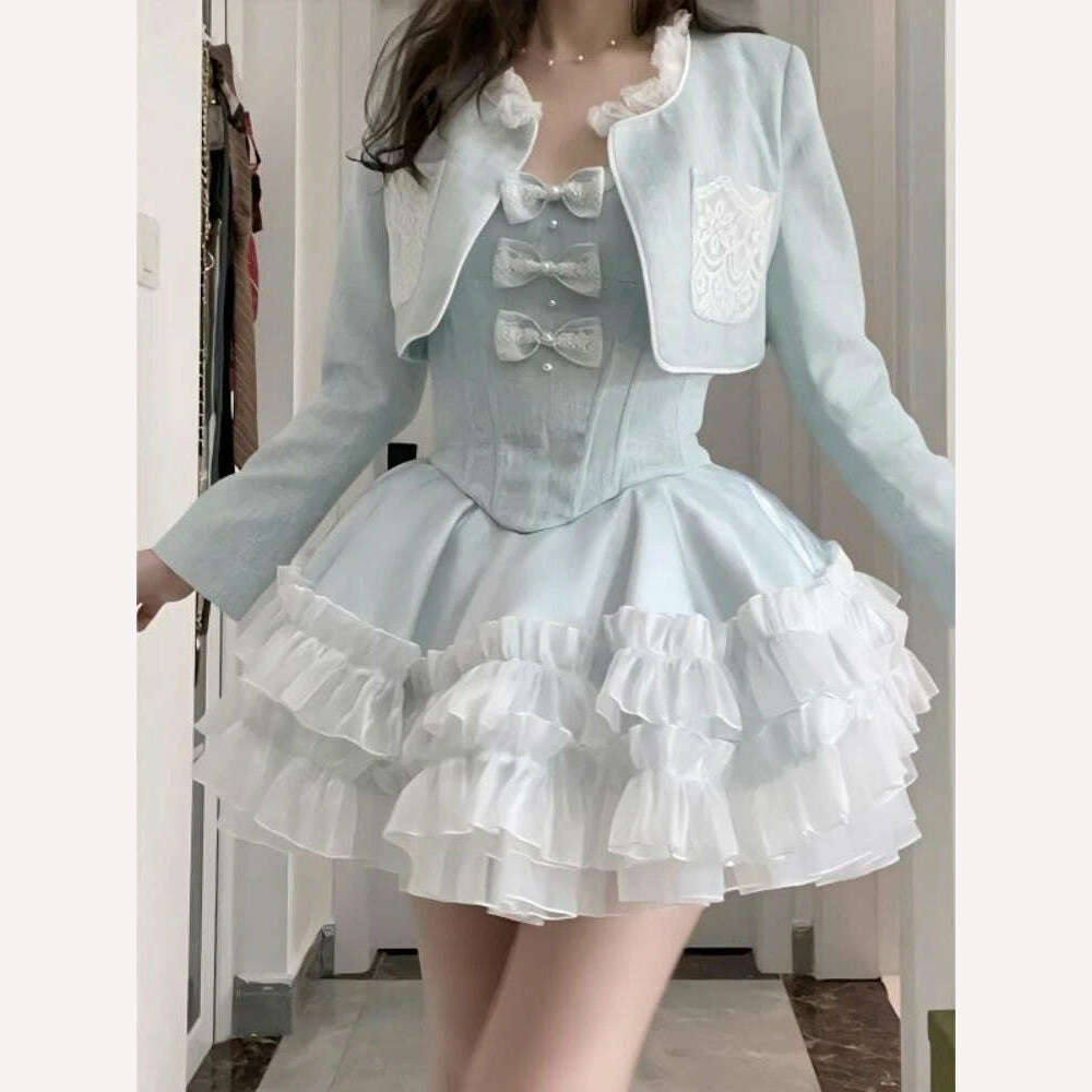 KIMLUD, Blue Sweet Kawaii Two Piece Set Women Summer Sexy Elegant Party Mini Dress Suits Female Lolita Cute Dress + Long Sleeve Coat New, KIMLUD Womens Clothes