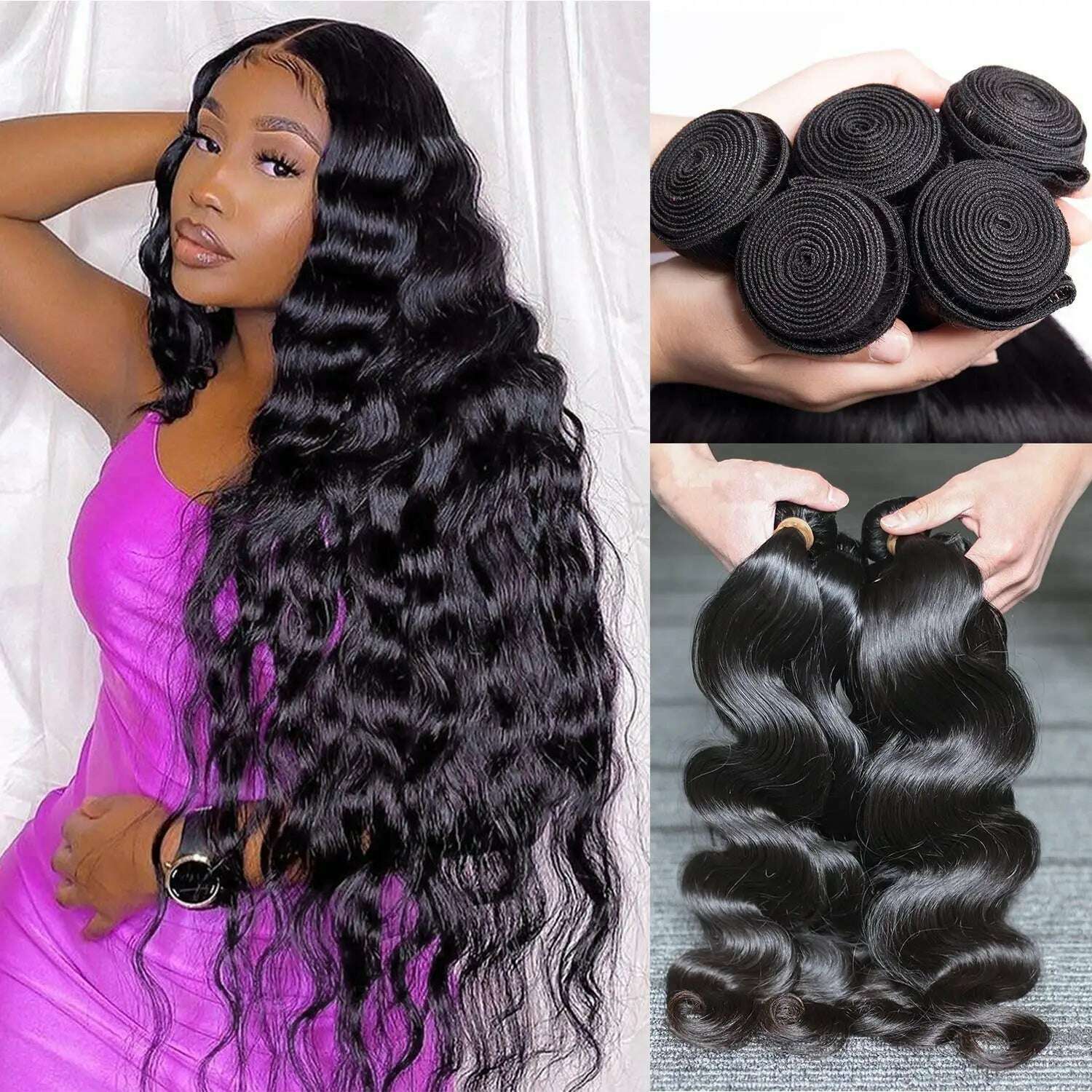 KIMLUD, Body Wave Bundles Human Hair Brazilian Virgin Hair Loose Body Wave Extensions Unprocessed Human Hair Wavy Bundles Natural Black, KIMLUD Womens Clothes