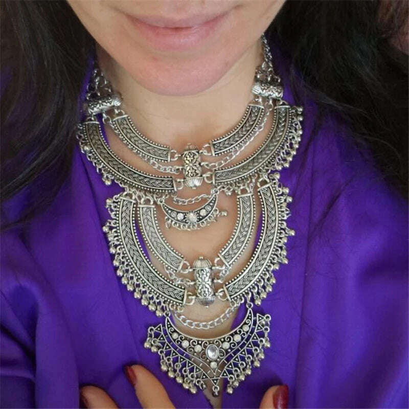 Bohemian Indian Ethnic Vintage Statement Large Collar Choker Necklace Women Fashion Maxi Long Geometric Necklace Jewelry - KIMLUD