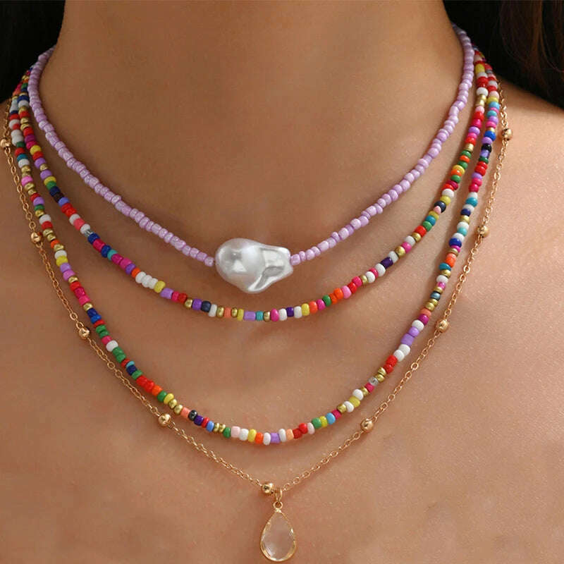 KIMLUD, Bohemian Multilayer Handmade Beads Chain Fashion Necklaces Drop Crystal Pendant Jewelry For Women Accessories X0194, X0194, KIMLUD APPAREL - Womens Clothes