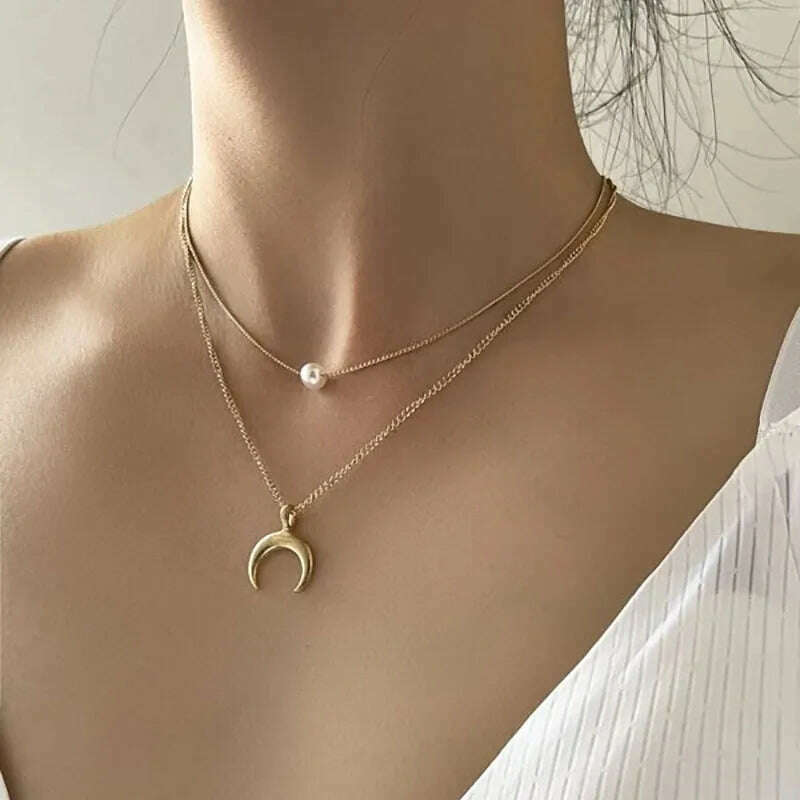 Boho Gold Color Metal Simple Imitation Pearl Round Sequin Moon Butterfly Rose Flower Pendant Necklaces Girls Fashion Jewelry - KIMLUD