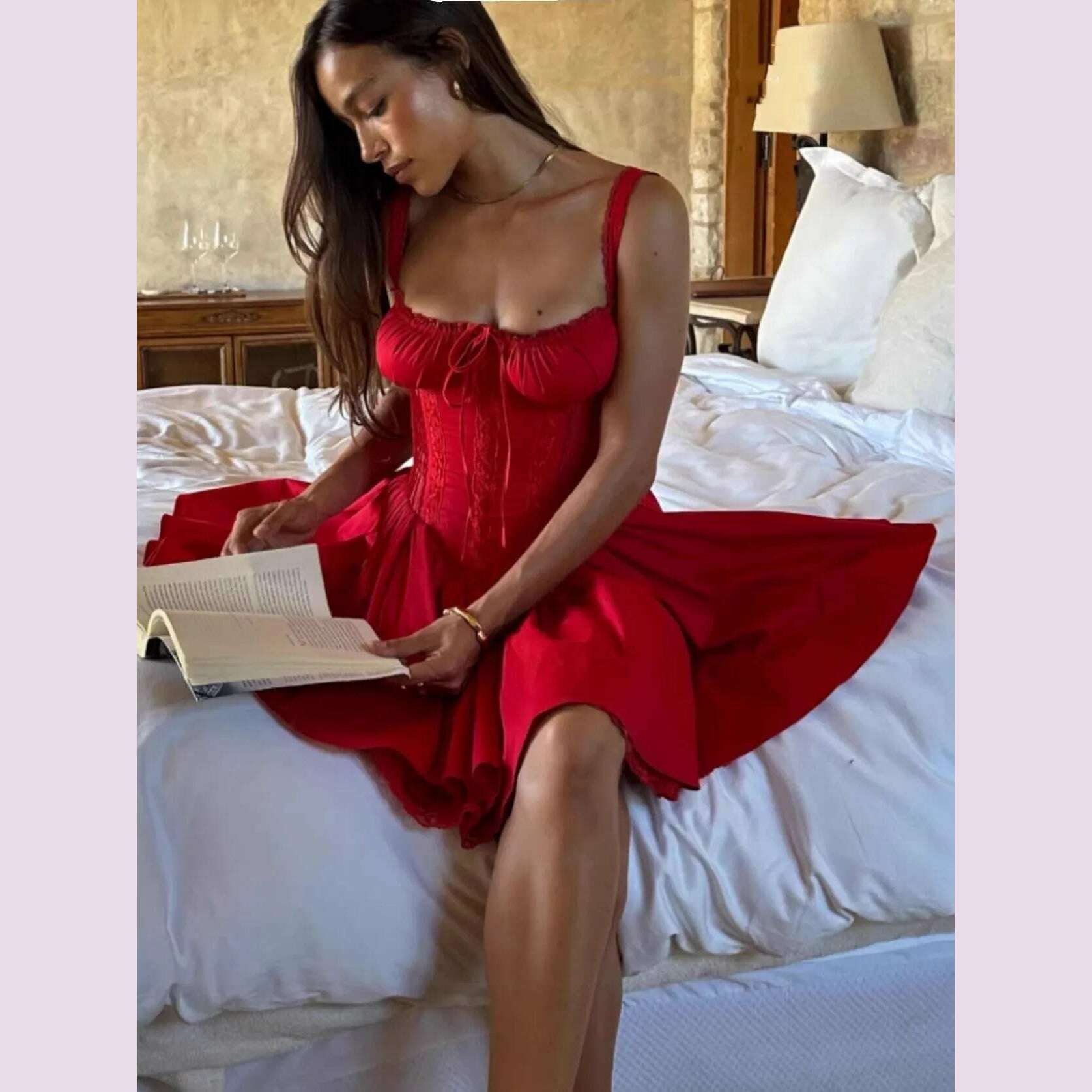 KIMLUD, Boho Inspired red CORSET MINI DRESS women underwired cups pintuck bodice sexy straps summer dresses new luxury party dress, KIMLUD Womens Clothes