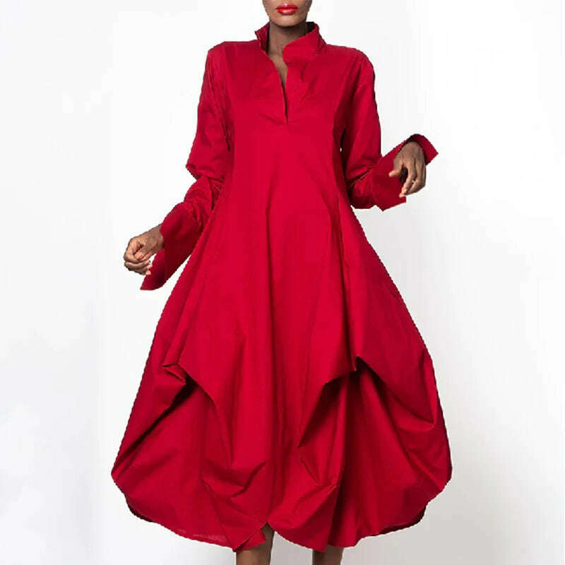 Bohohipei 2024 New Spring Women Elegant Red Party Evening Midi Dresses Long Sleeves Loose Solid Color Stand Collar Prom Gown - KIMLUD