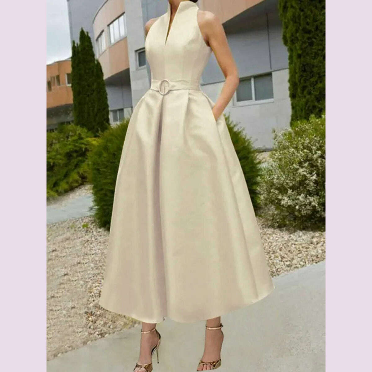 Bohohipei Urban Female Fashion Pockets Pleated A-line Dress 2024 New Summer Sleeveless V-neck Elegant Party Evening Midi Dresses - KIMLUD