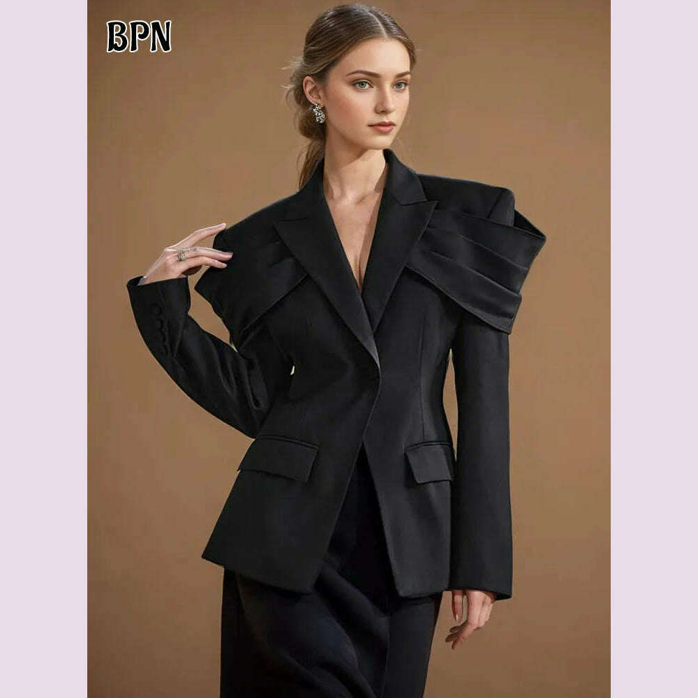 KIMLUD, BPN Temperament Solid Blazers For Women Notched Collar Long Sleeve Patchwork Single Button Tunic Elegant Blazer Female Clothing, KIMLUD Womens Clothes