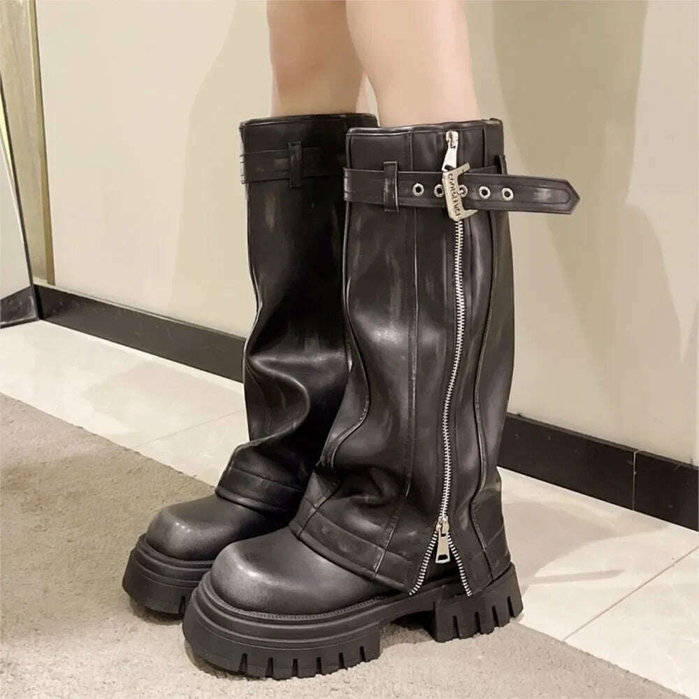 Brand Desinger Knight Women Mid Calf Boots Chunky High Heeled Platform Punk Motorcycle Long Booties Goth Street Shoes For Women - KIMLUD