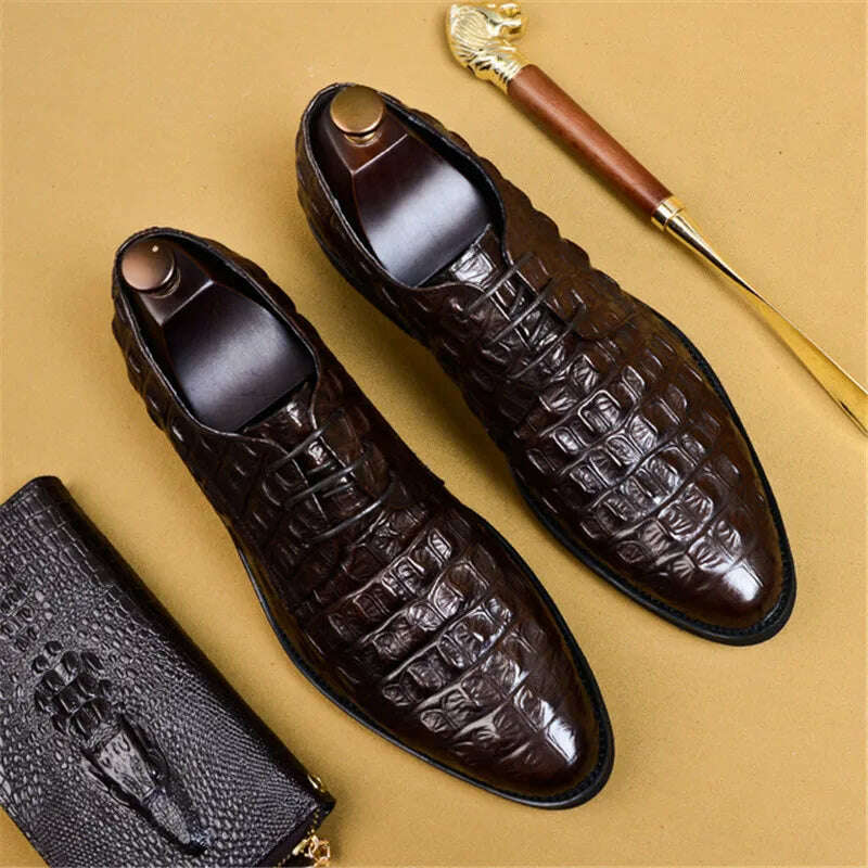 KIMLUD, Brand Full Grain Leather Business Men Dress Shoes Retro Crocodile Designer Nature Leather Oxford Shoes For Men Size EU 38-46, KIMLUD Womens Clothes