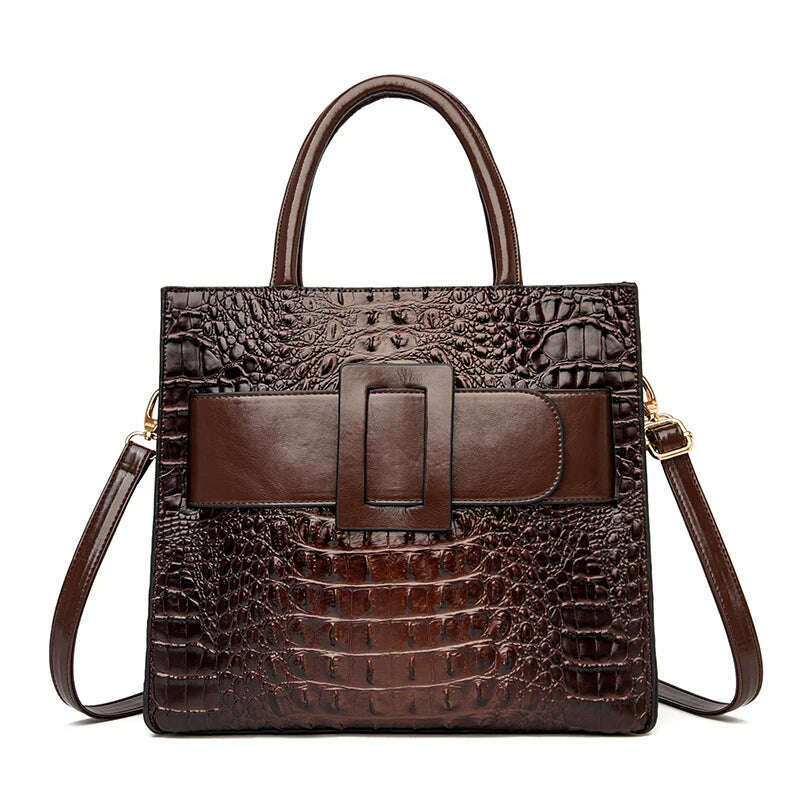 KIMLUD, Brand Women Crocodile Handbag Luxury Belt Handbags Women Leather Shoulder Bags Designer Crossbody Bags Female Retro Tote Handbag, Coffee / (30cm<Max Length<50cm), KIMLUD Womens Clothes