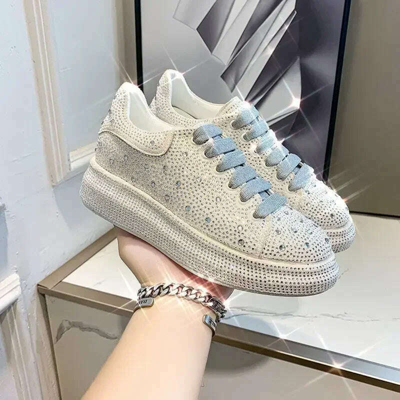 KIMLUD, brand Women Platform Casual Sneakers rhinestones Thick-soled White Silver Shoes for women Shining Crystal Sneakers Trend shoes, KIMLUD Womens Clothes