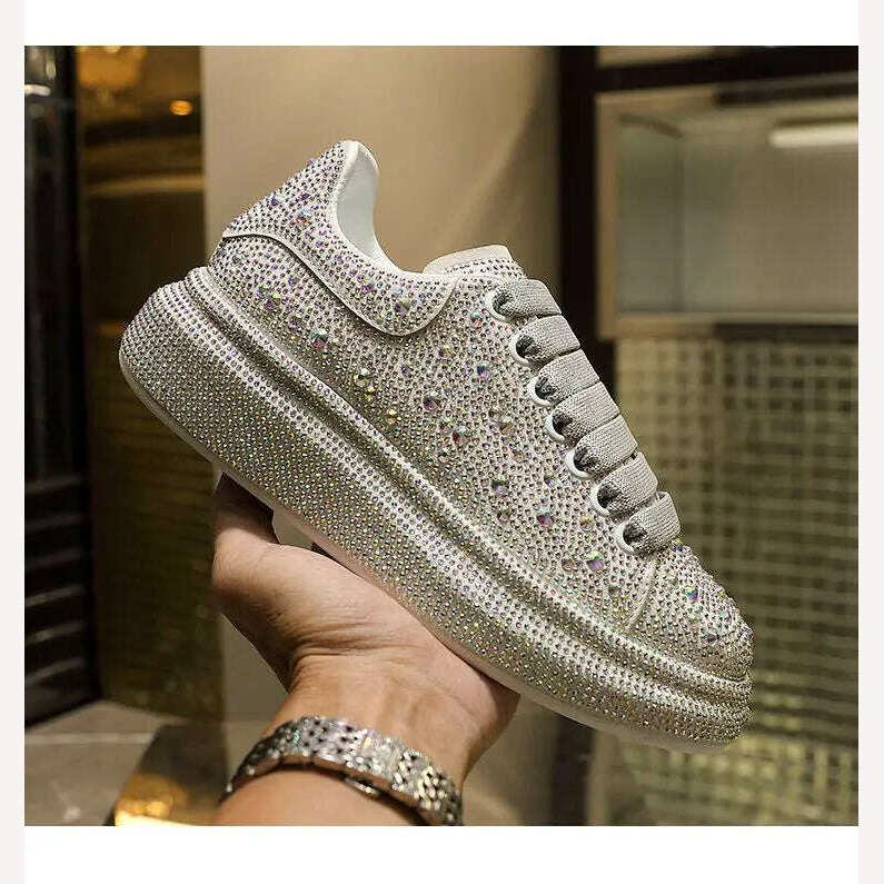 KIMLUD, brand Women Platform Casual Sneakers rhinestones Thick-soled White Silver Shoes for women Shining Crystal Sneakers Trend shoes, KIMLUD Womens Clothes