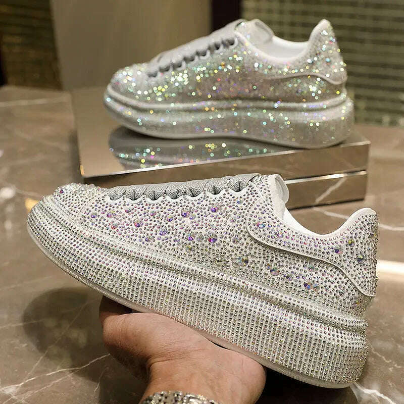 KIMLUD, brand Women Platform Casual Sneakers rhinestones Thick-soled White Silver Shoes for women Shining Crystal Sneakers Trend shoes, KIMLUD Womens Clothes