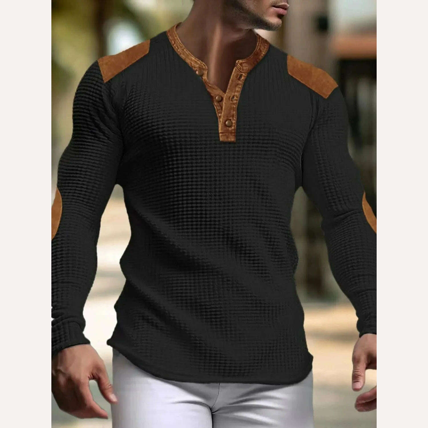 KIMLUD, Breathable Men's Casual V-Neck Mesh Top Slim Fit Long Sleeve Solid Color Trendy Button-Up for Spring and Autumn, Black / XXXL, KIMLUD Womens Clothes