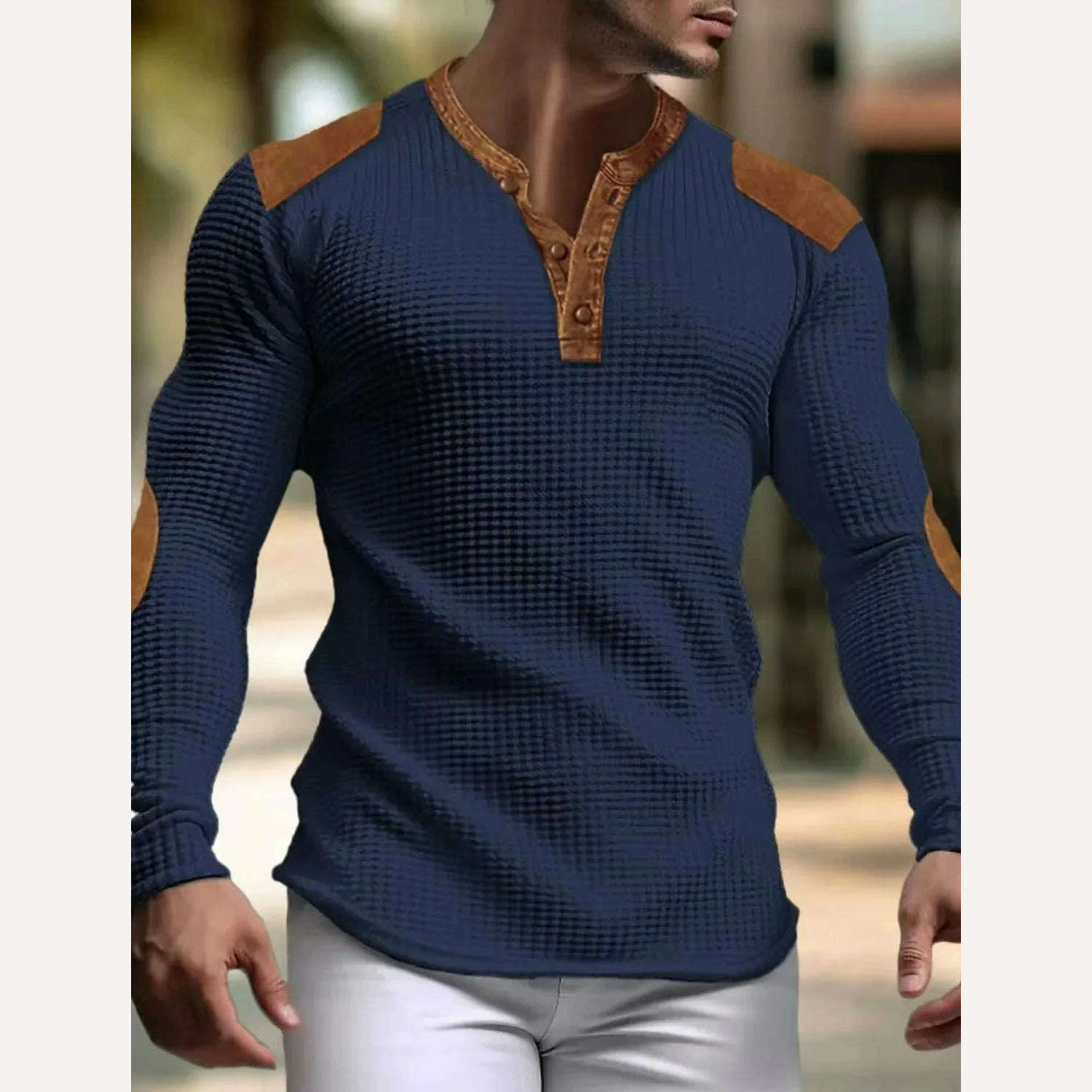 KIMLUD, Breathable Men's Casual V-Neck Mesh Top Slim Fit Long Sleeve Solid Color Trendy Button-Up for Spring and Autumn, Navy Blue / XXL, KIMLUD Womens Clothes