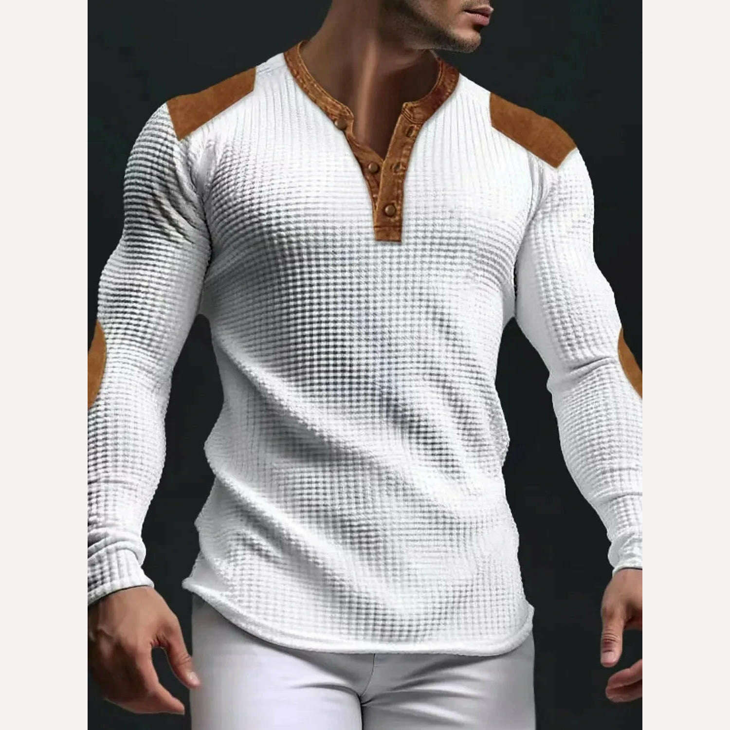 KIMLUD, Breathable Men's Casual V-Neck Mesh Top Slim Fit Long Sleeve Solid Color Trendy Button-Up for Spring and Autumn, WHITE / L, KIMLUD Womens Clothes