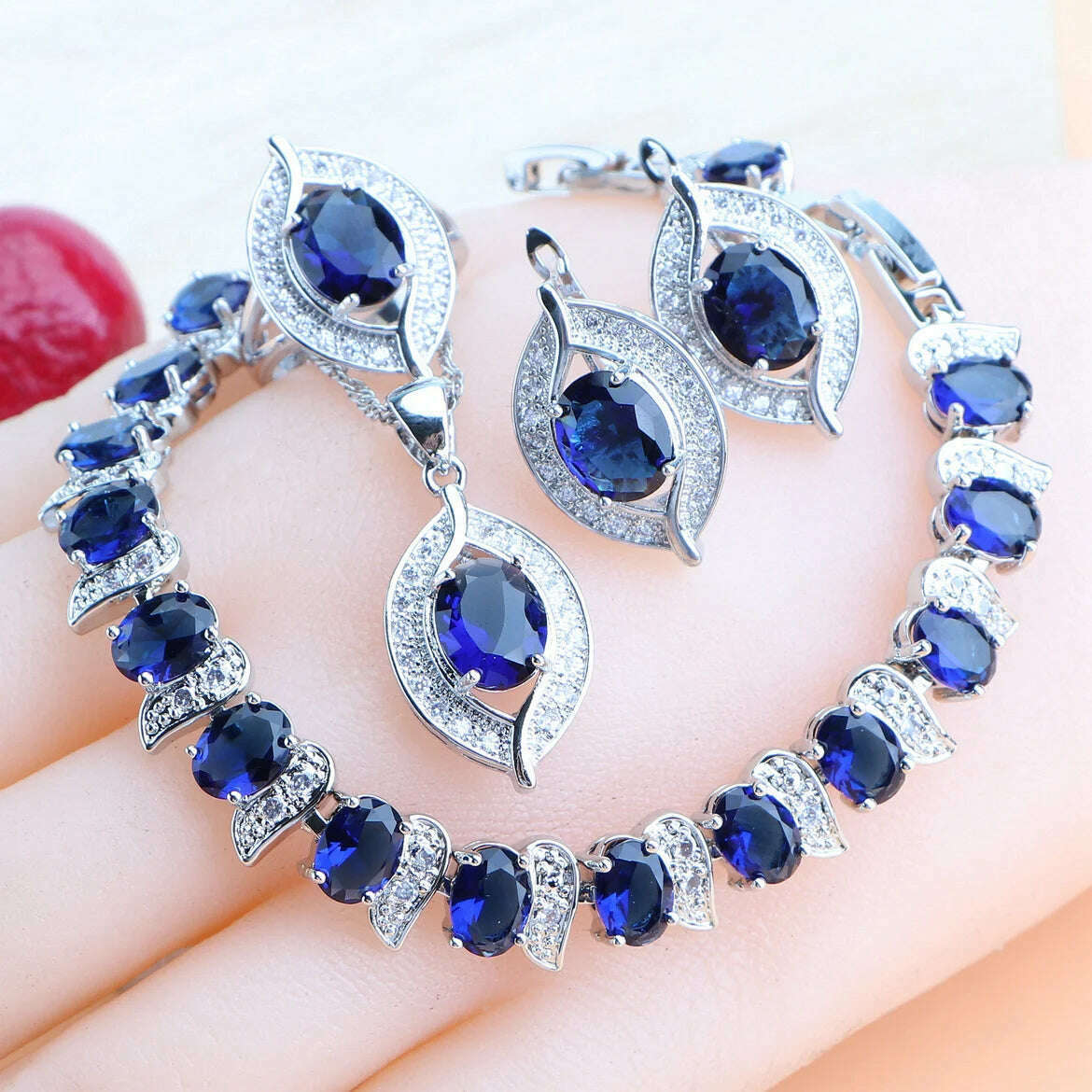 KIMLUD, Bridal Jewelry Sets Silver 925 Wedding Jewelry Blue Zirconia For Women Rings Pendant Necklace Earrings Stones Bracelets Set, KIMLUD Womens Clothes