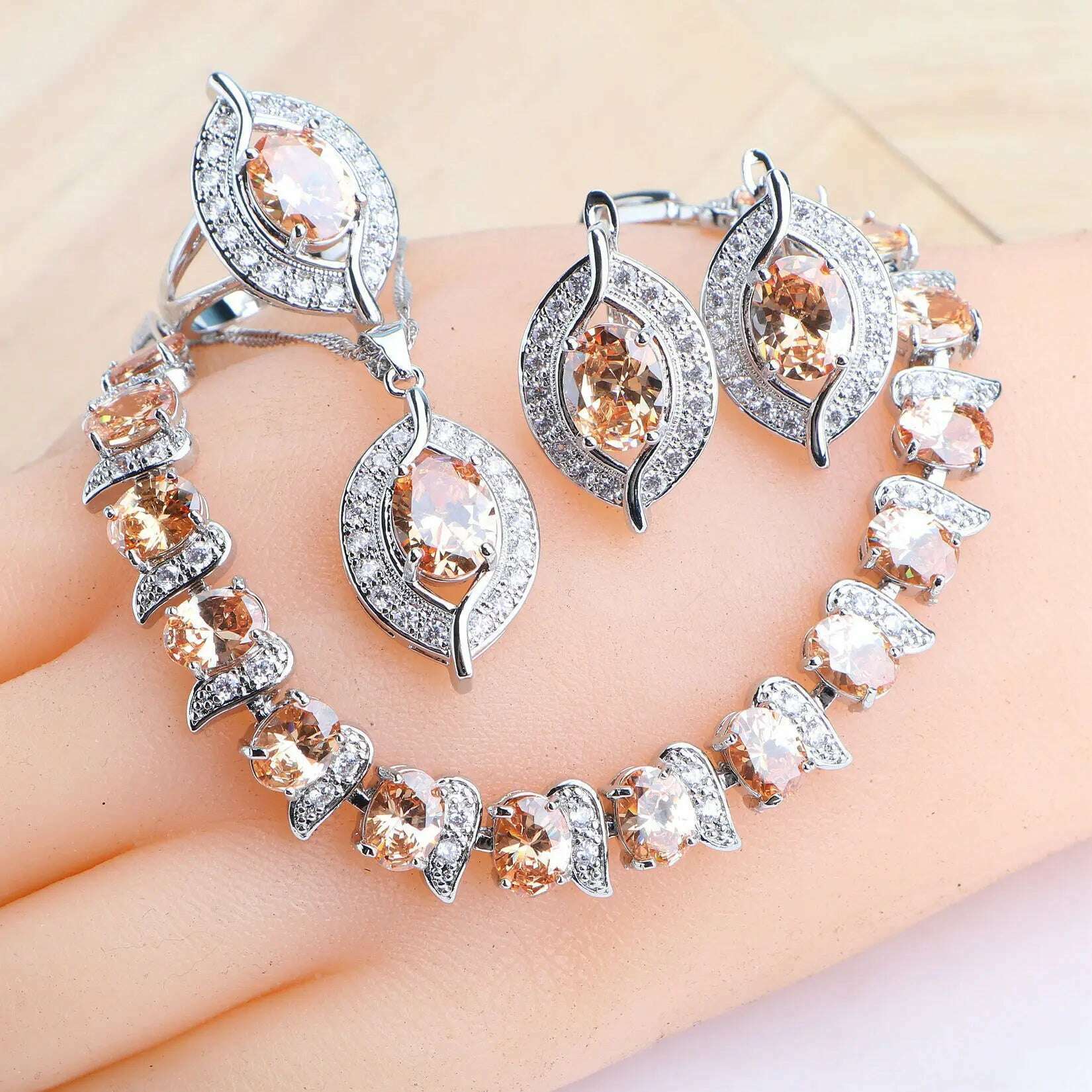 KIMLUD, Bridal Jewelry Sets Silver 925 Wedding Jewelry Blue Zirconia For Women Rings Pendant Necklace Earrings Stones Bracelets Set, 4PCS-Champagne / 10, KIMLUD APPAREL - Womens Clothes