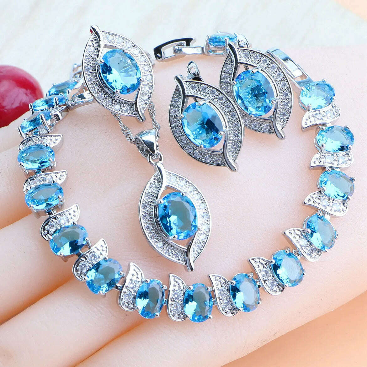 KIMLUD, Bridal Jewelry Sets Silver 925 Wedding Jewelry Blue Zirconia For Women Rings Pendant Necklace Earrings Stones Bracelets Set, 4PCS-Sky Blue / 10, KIMLUD APPAREL - Womens Clothes