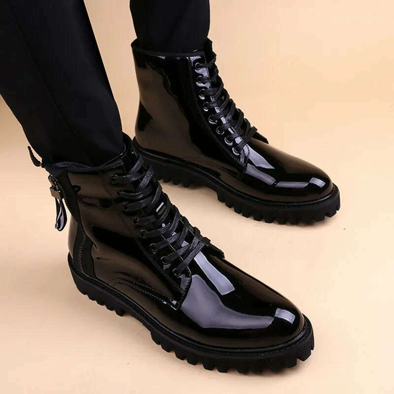 British style men luxury fashion bright patent leather boots black platform shoes designer ankle boot cowboy botas zapato hombre - KIMLUD