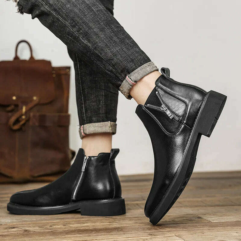 British Style Men's Chelsea Boots New Fashion Male Chelsea Boots Genuine Leather Elastic Strap Ankle Boots Business Dress Shoes - KIMLUD