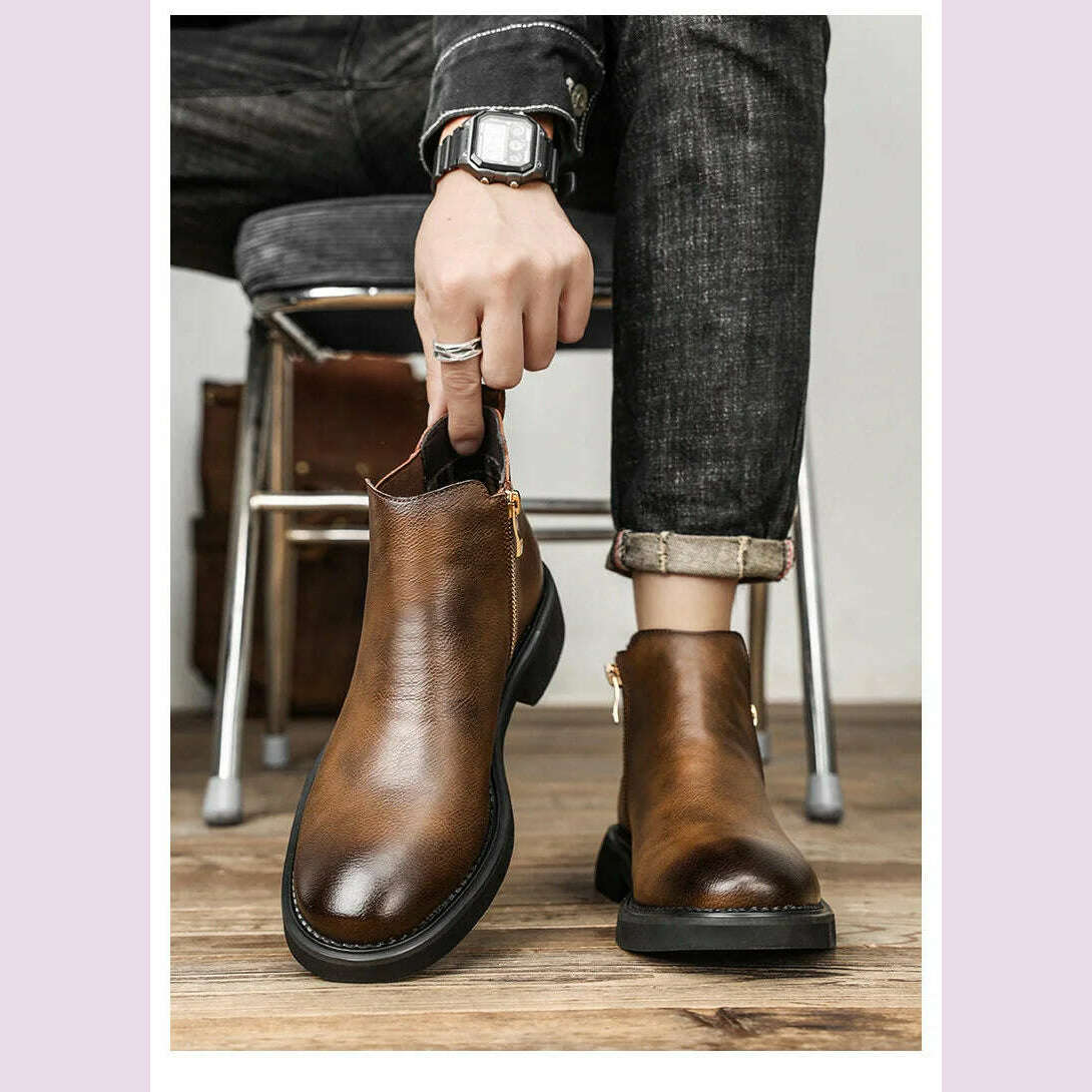 British Style Men's Chelsea Boots New Fashion Male Chelsea Boots Genuine Leather Elastic Strap Ankle Boots Business Dress Shoes - KIMLUD