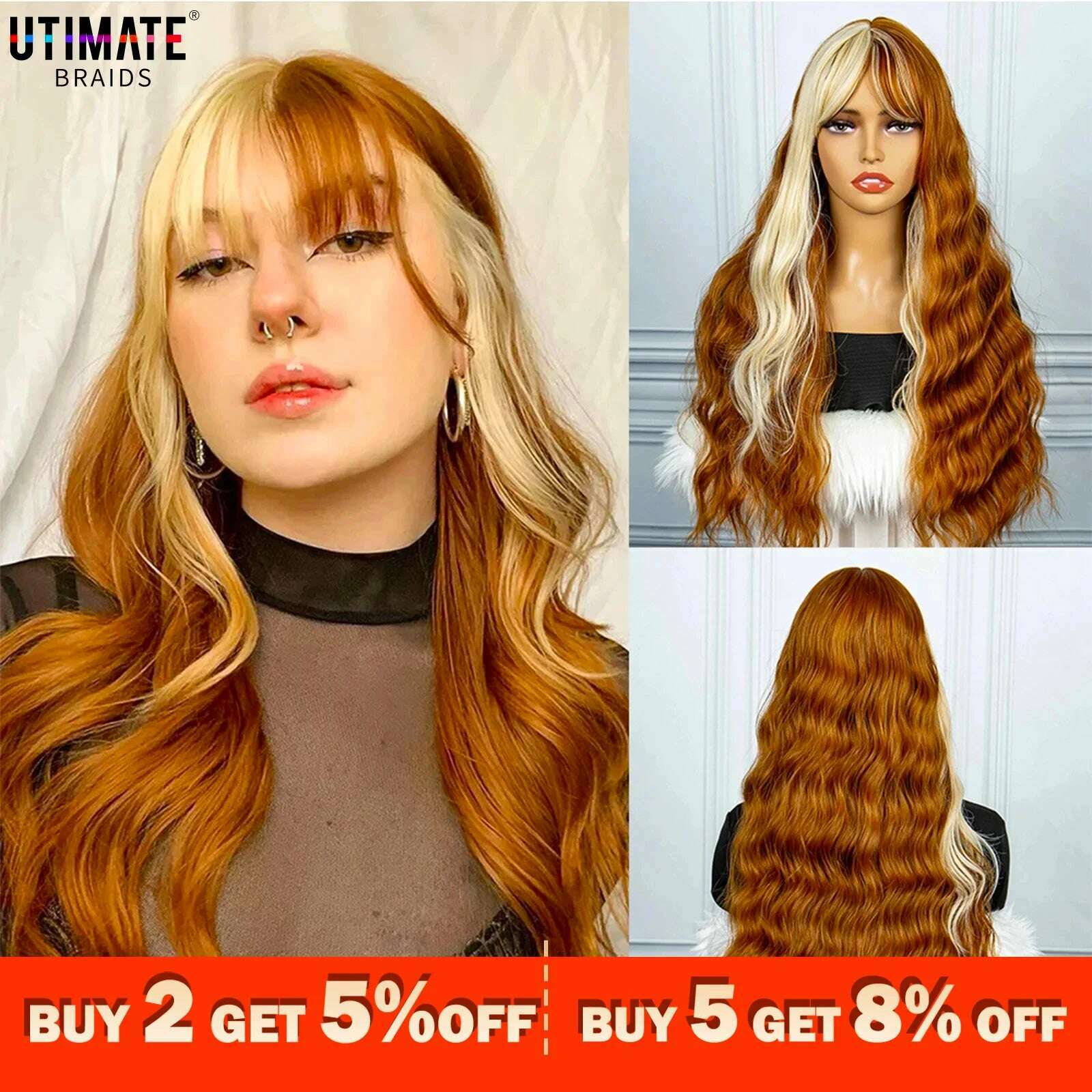 Brown Mix Gold Synthetic Hair Long Wavy Wigs Heat Resistant Fiber Natural Hairline Middle Part For Woman Daily Use - KIMLUD