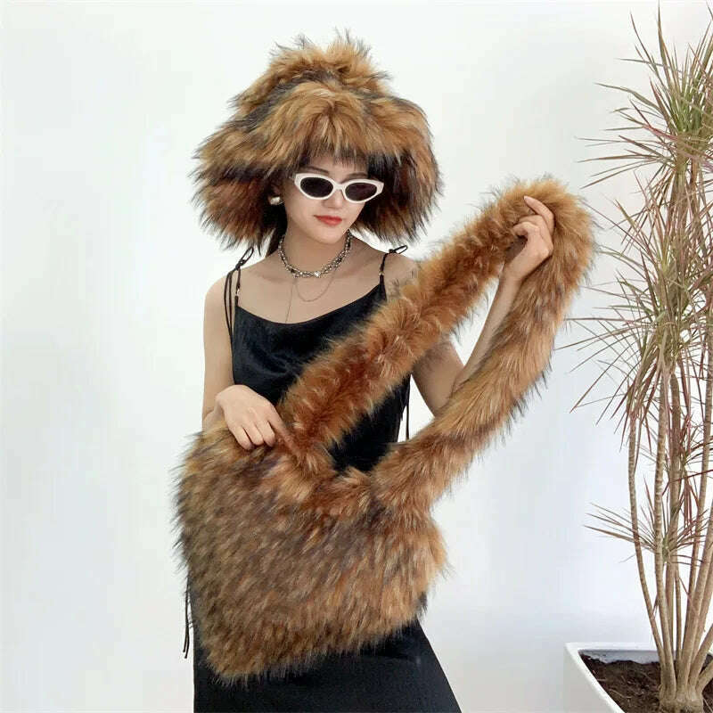 KIMLUD, Bucket Orange Hat Love Bag Winter Warmth Thickened Imitation Raccoon Fur Fisherman Hat Women's Bucket Hat Fur Hat sets, 4 / M55-58cm, KIMLUD Womens Clothes