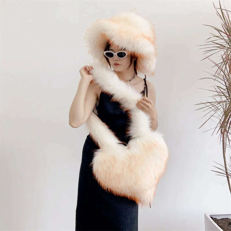 KIMLUD, Bucket Orange Hat Love Bag Winter Warmth Thickened Imitation Raccoon Fur Fisherman Hat Women's Bucket Hat Fur Hat sets, 8 / M55-58cm, KIMLUD Womens Clothes