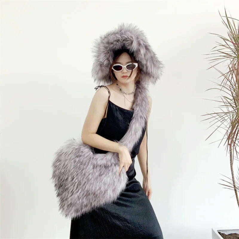 Bucket Orange Hat Love Bag Winter Warmth Thickened Imitation Raccoon Fur Fisherman Hat Women's Bucket Hat Fur Hat sets - KIMLUD