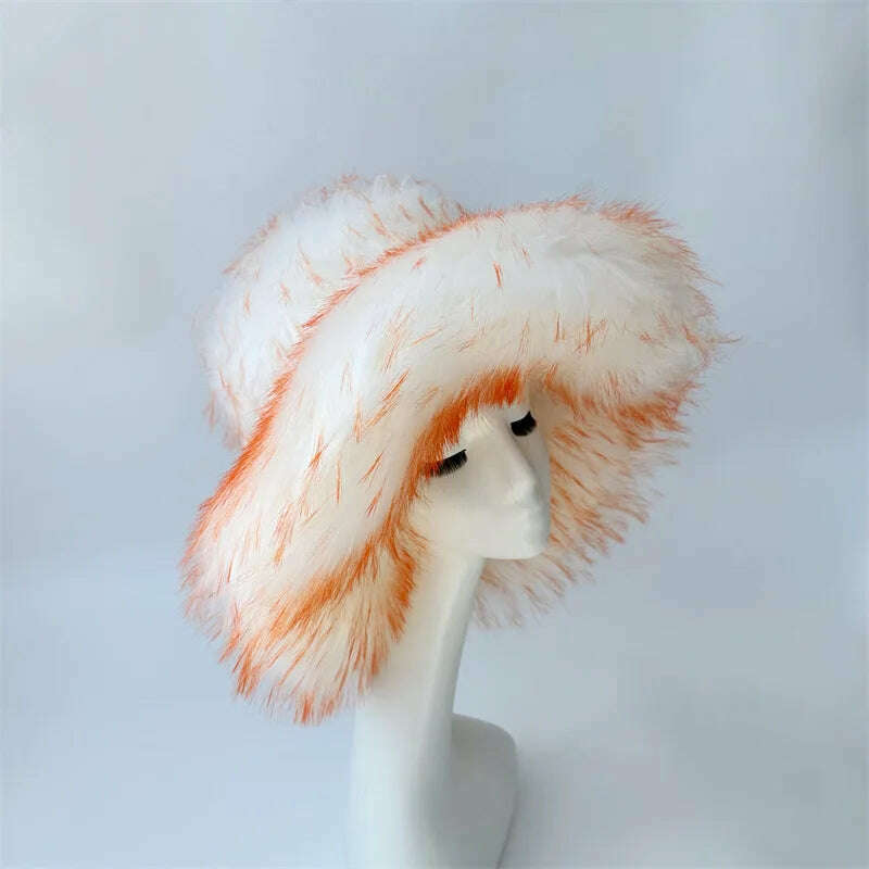 Bucket Orange Hat Love Bag Winter Warmth Thickened Imitation Raccoon Fur Fisherman Hat Women's Bucket Hat Fur Hat sets - KIMLUD