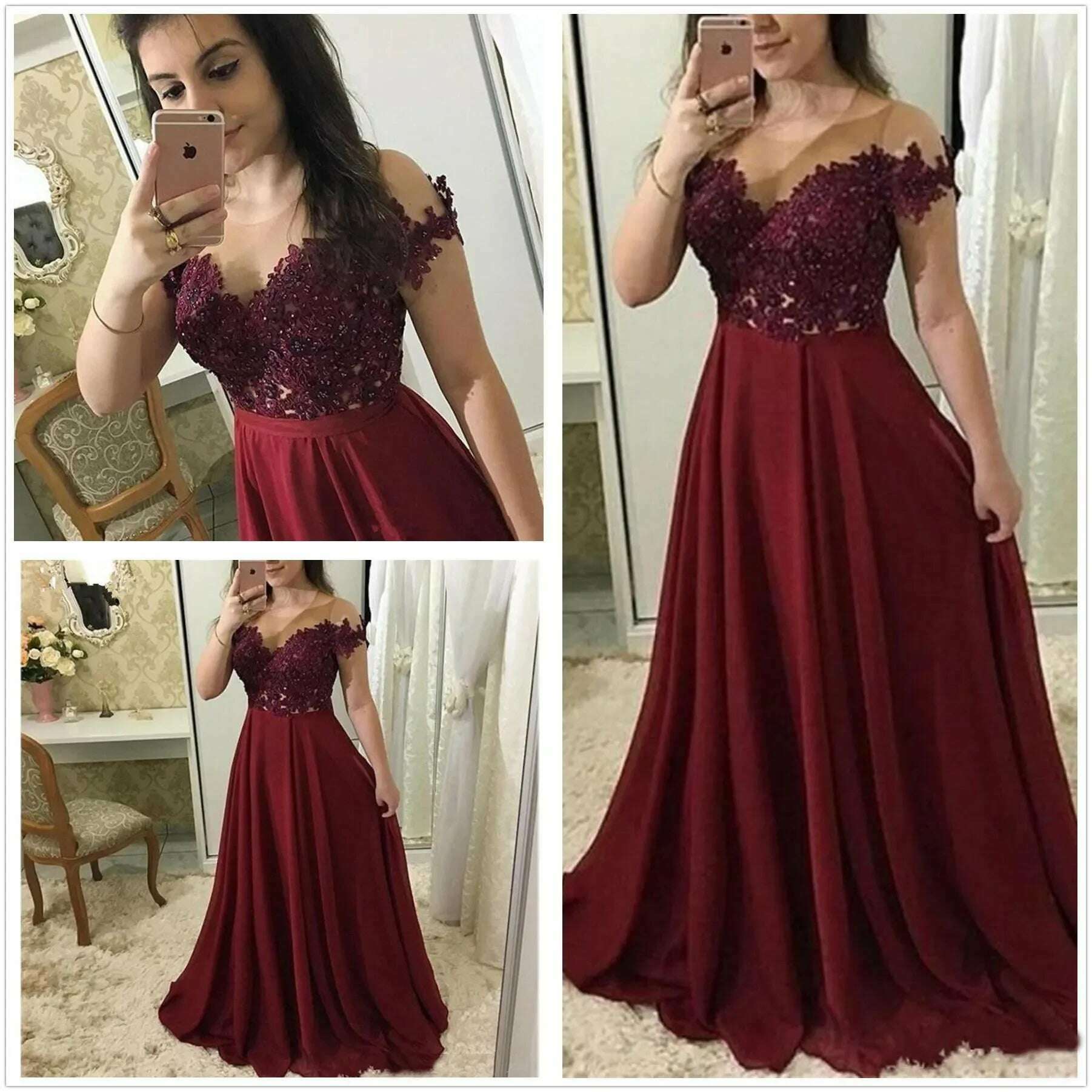 KIMLUD, Burgundy Prom Dresses 2024 Long Illusion Neckline Short Sleeve Lace Appliques Evening Gowns Long Chiffon Special Occasion Dress, Champagne / 6, KIMLUD APPAREL - Womens Clothes