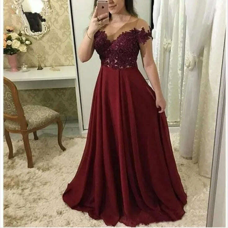 KIMLUD, Burgundy Prom Dresses 2024 Long Illusion Neckline Short Sleeve Lace Appliques Evening Gowns Long Chiffon Special Occasion Dress, picture color / 2, KIMLUD APPAREL - Womens Clothes