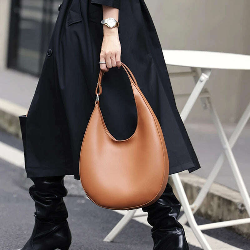 KIMLUD, Burminsa Genuine Leather Half Moon Underarm Shoulder Bags For Women 2024 Trend Designer Crossbody Purses Tote Ladies Handbags, KIMLUD Womens Clothes