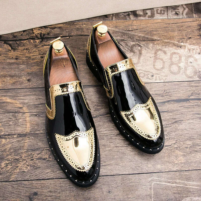 KIMLUD, Business Loafers Men Casual Shoes Formal Office Shoes Men Patent Leather Moccasins Luxury Fashion Designer Slip On Driving Shoes, Gold / 45, KIMLUD APPAREL - Womens Clothes